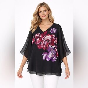 Quintessential Woman 3X Black Burgundy Purple Floral Chiffon Rhinestone Blouse